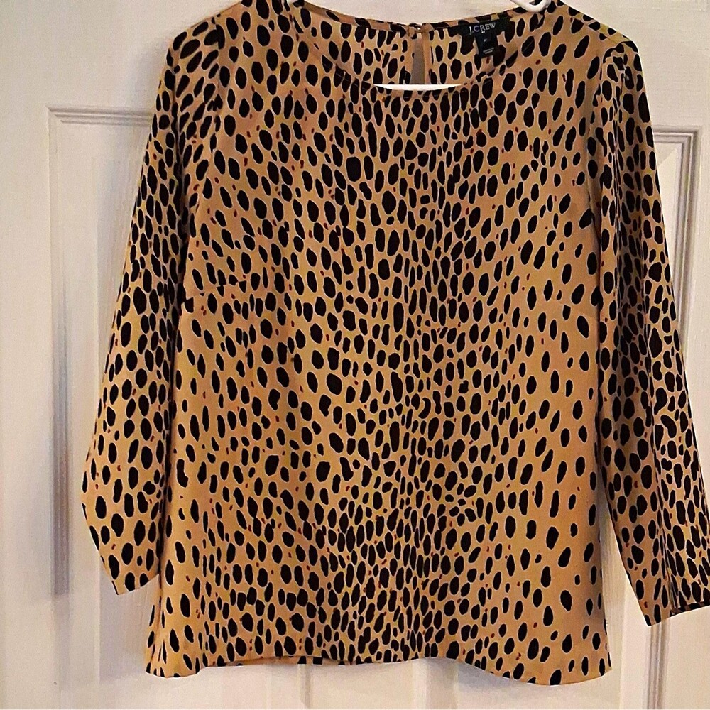 J.CREW Women's Size M Beige/Black Leopard Animal Print Chiffon 3/4 Sleeve Blouse